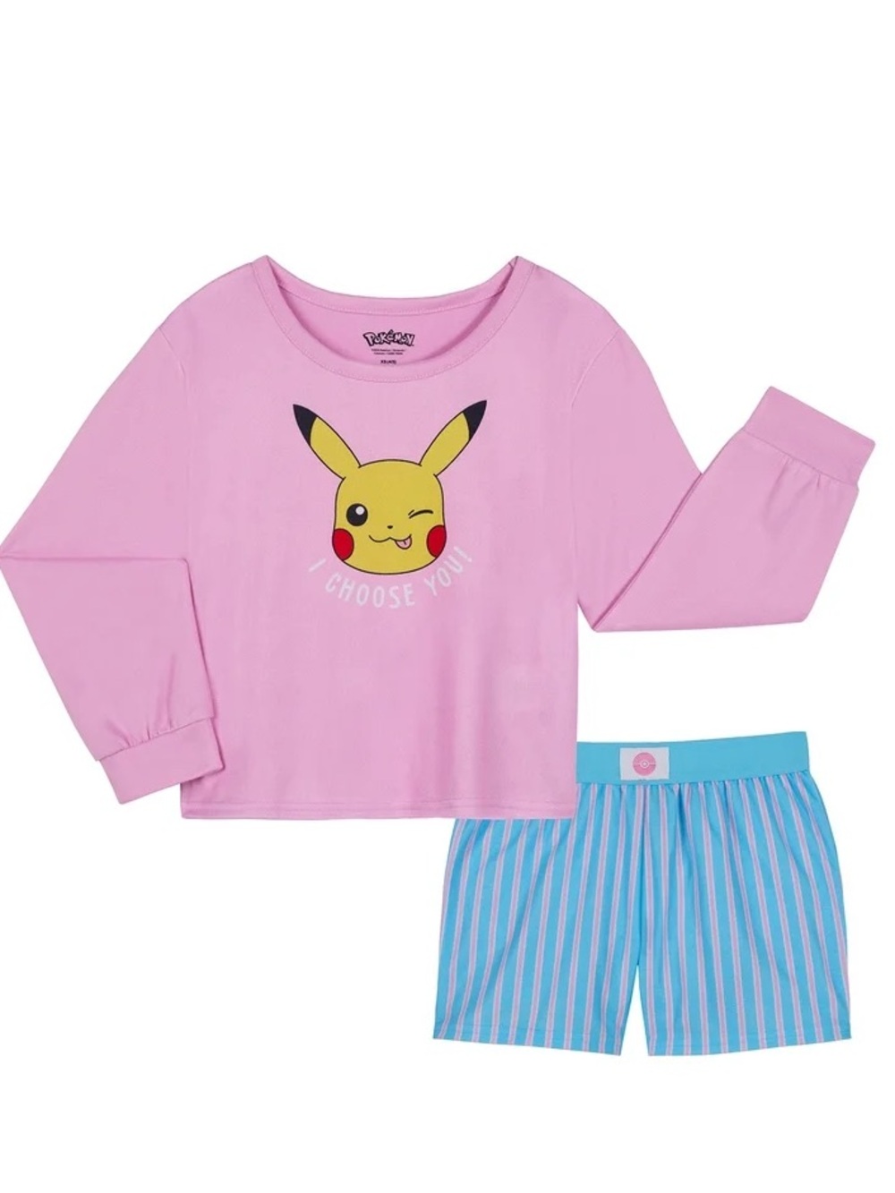 NWT: Pokemon Girls Long Sleeve Sleep Top & Shorts Pajama Set Pink Blue Size Med